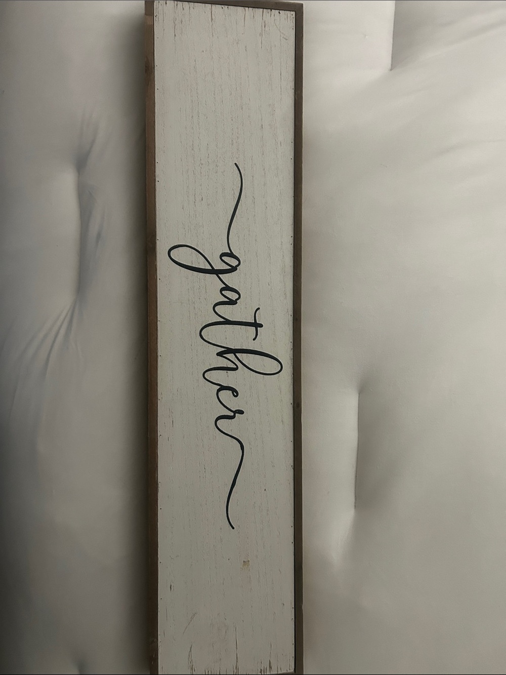 Gather Vertical Wooden Wall Sign - White with Black Script